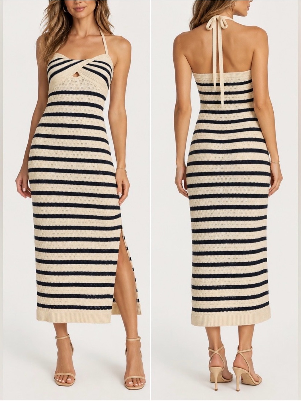 House of Harlow 1960 Black/Cream Striped Halter Sweater Maxi Dress Size S